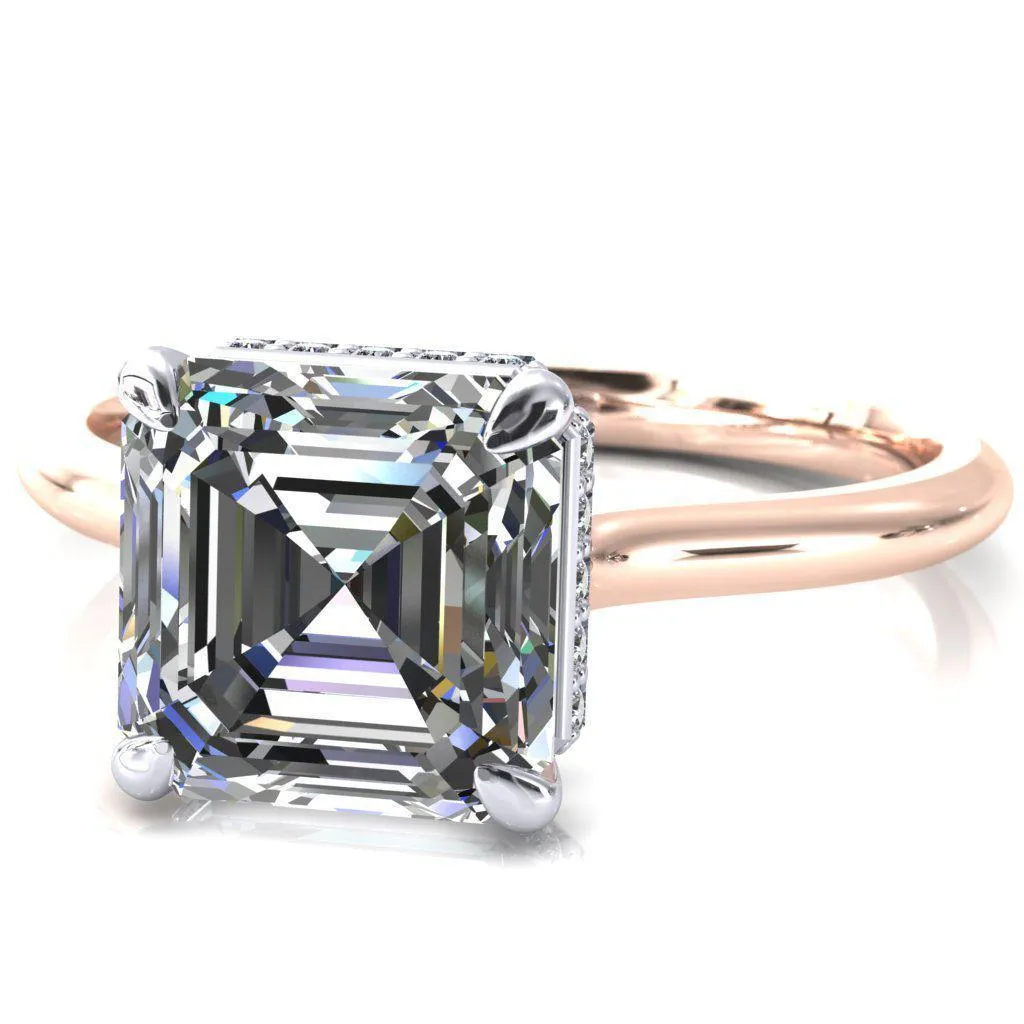 Secret Asscher Moissanite 4 Prong Floating Halo Engagement Ring