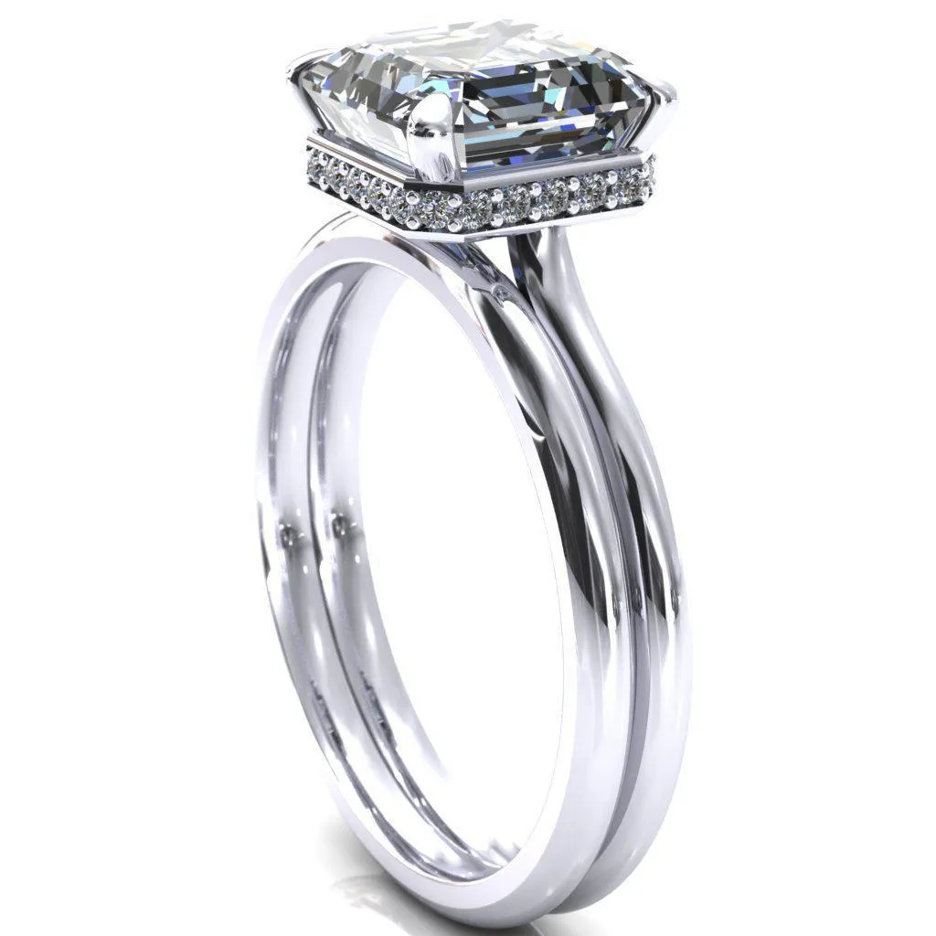 Secret Asscher Moissanite 4 Prong Floating Halo Engagement Ring