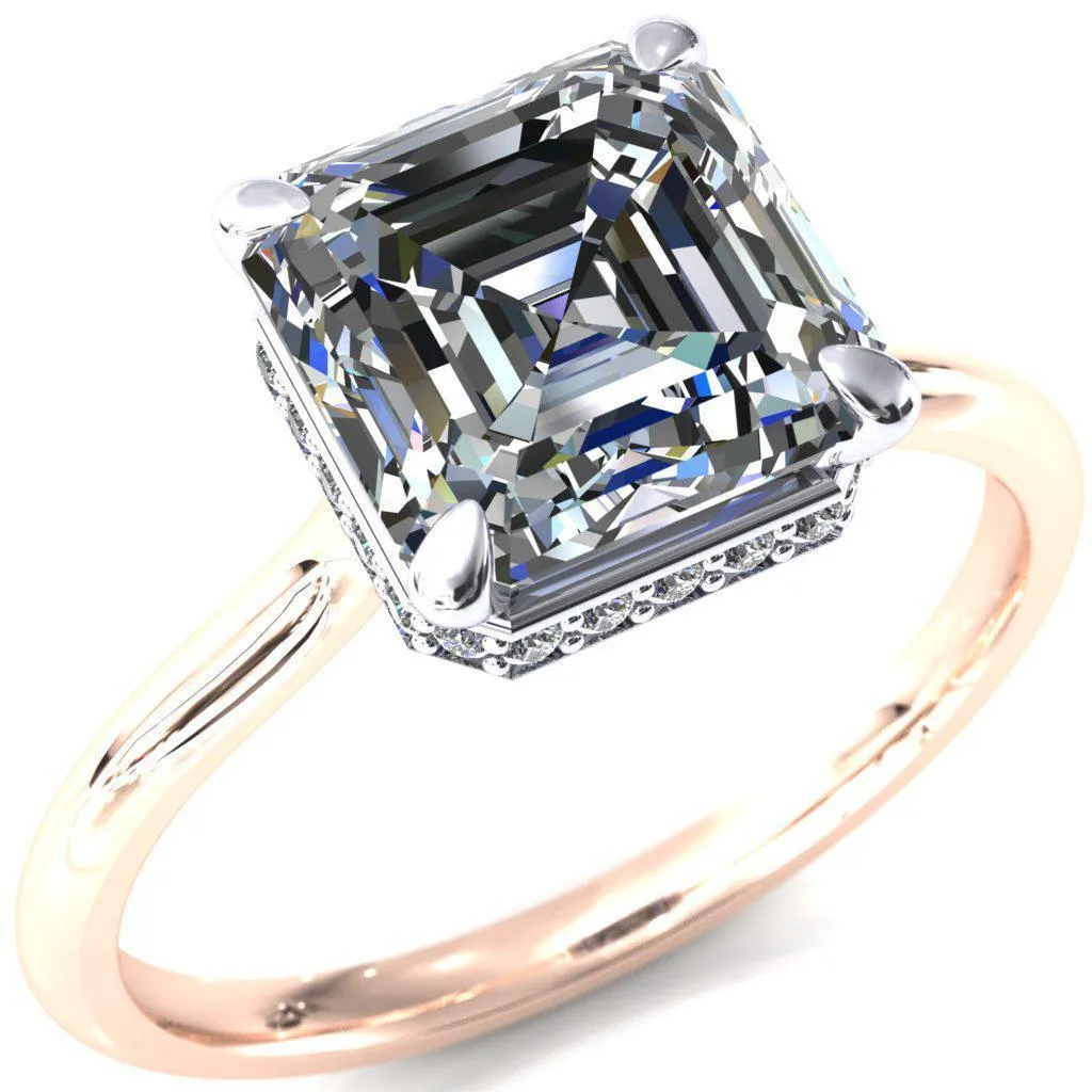 Secret Asscher Moissanite 4 Prong Floating Halo Engagement Ring