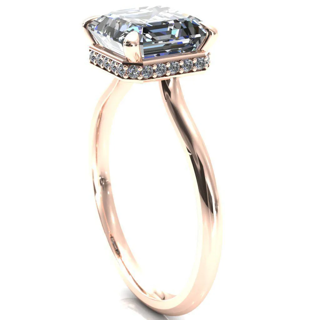 Secret Asscher Moissanite 4 Prong Floating Halo Engagement Ring
