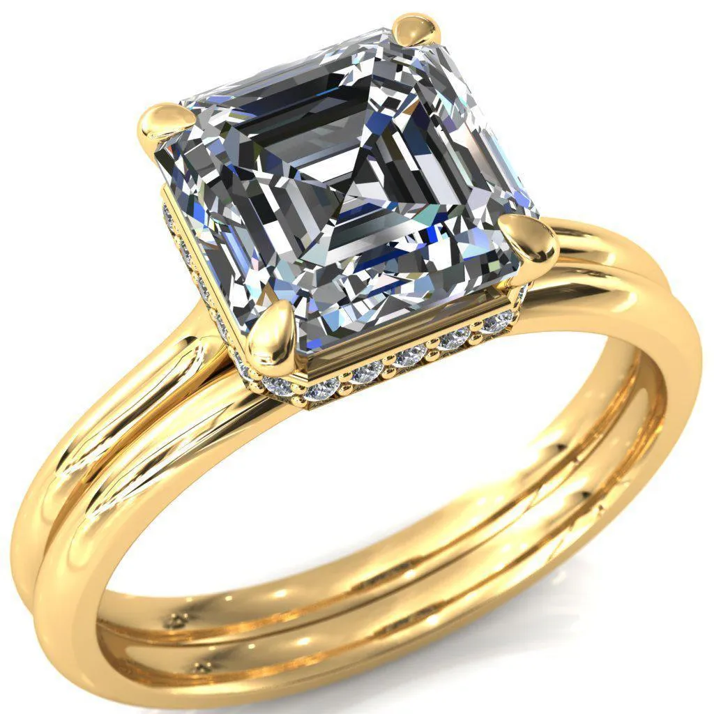 Secret Asscher Moissanite 4 Prong Floating Halo Engagement Ring