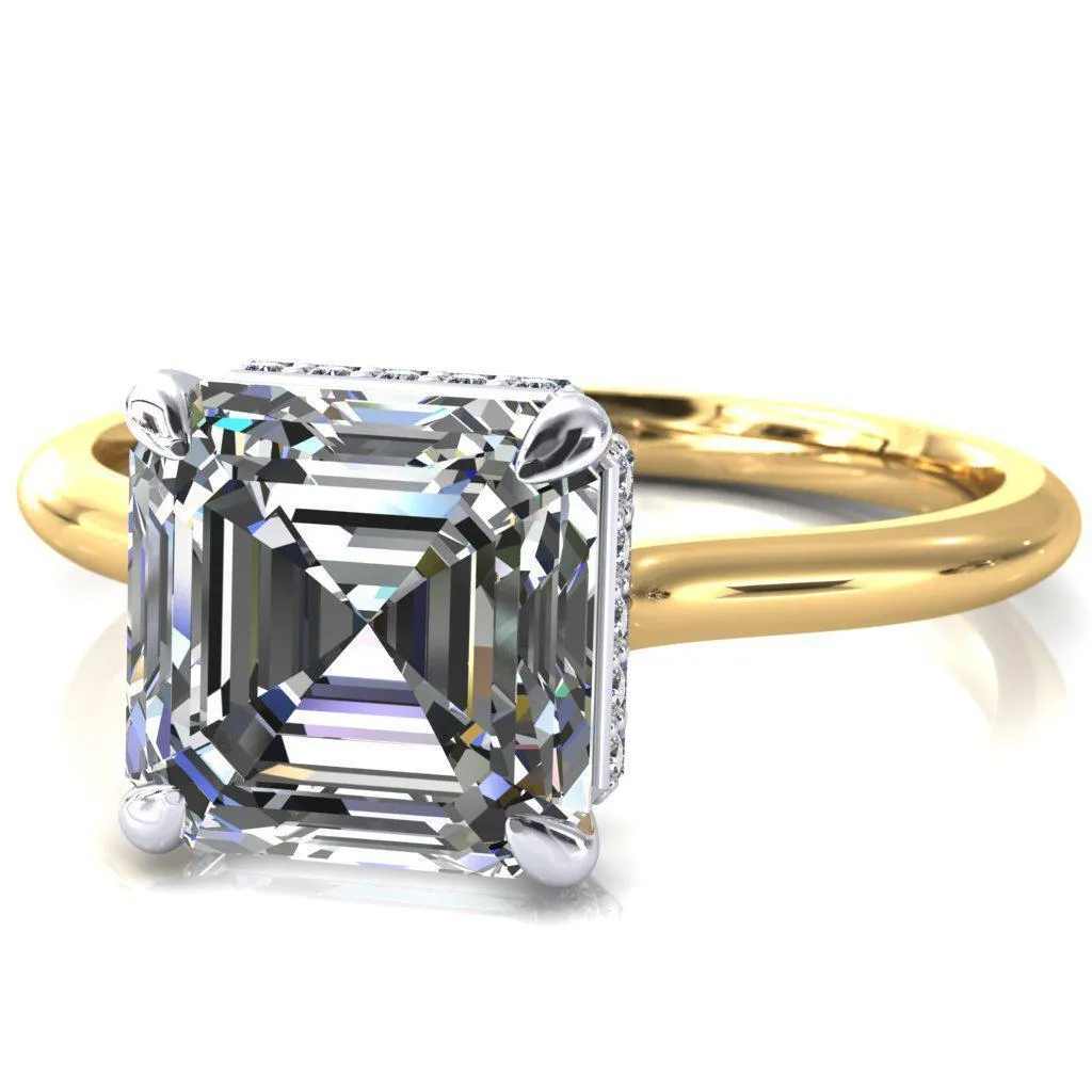 Secret Asscher Moissanite 4 Prong Floating Halo Engagement Ring