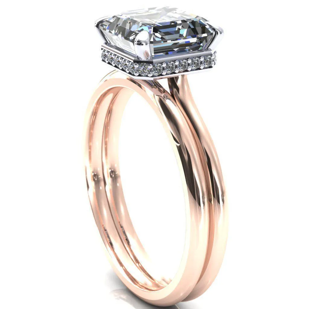 Secret Asscher Moissanite 4 Prong Floating Halo Engagement Ring