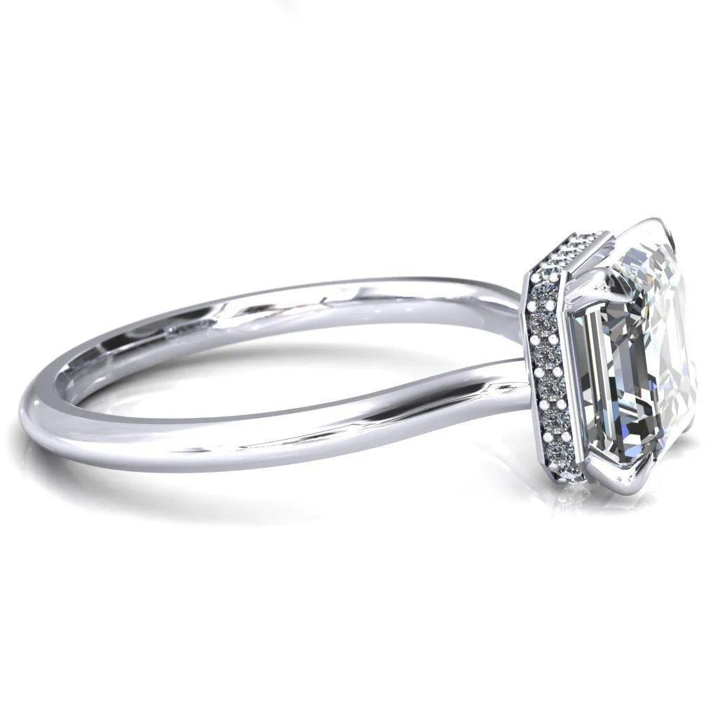 Secret Asscher Moissanite 4 Prong Floating Halo Engagement Ring