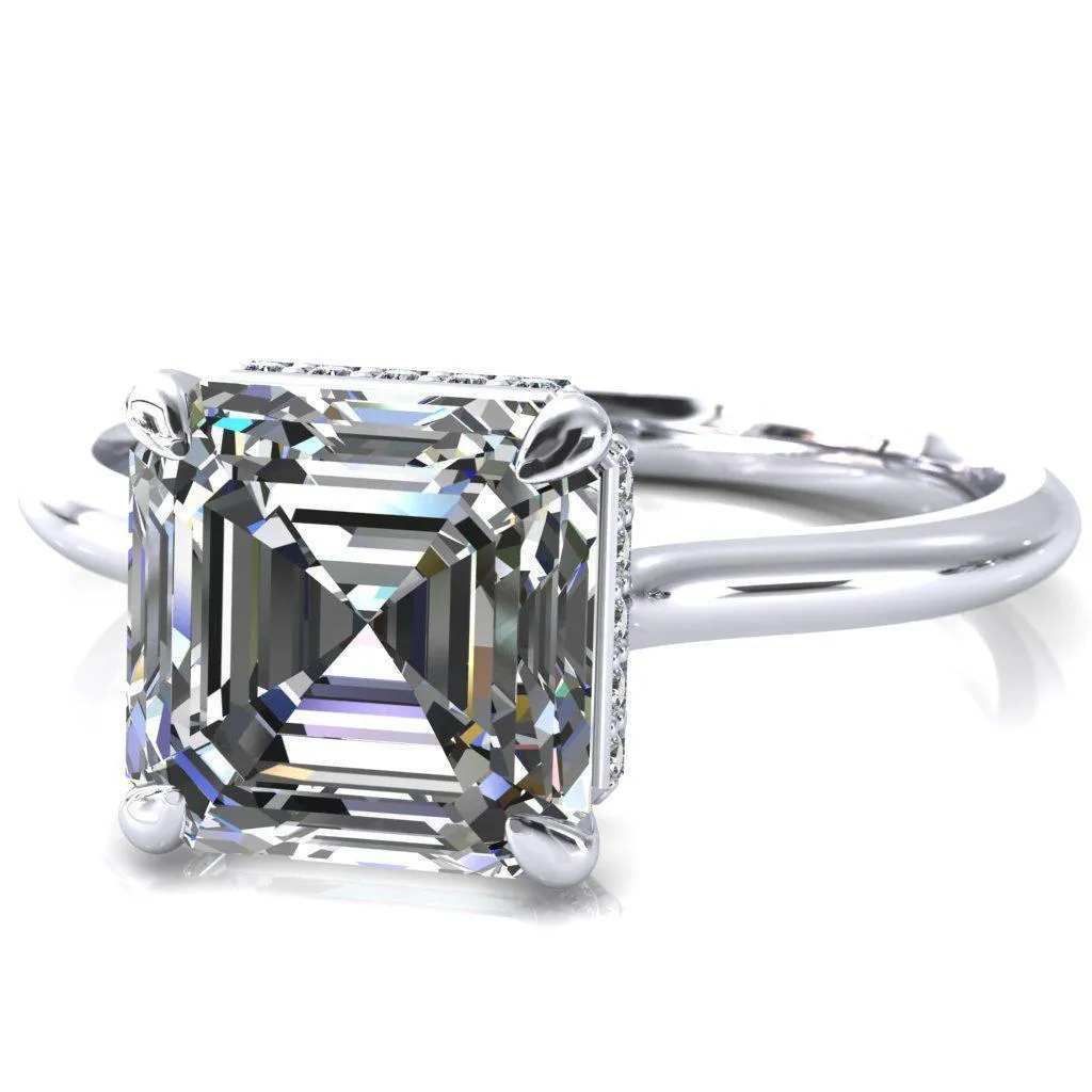 Secret Asscher Moissanite 4 Prong Floating Halo Engagement Ring