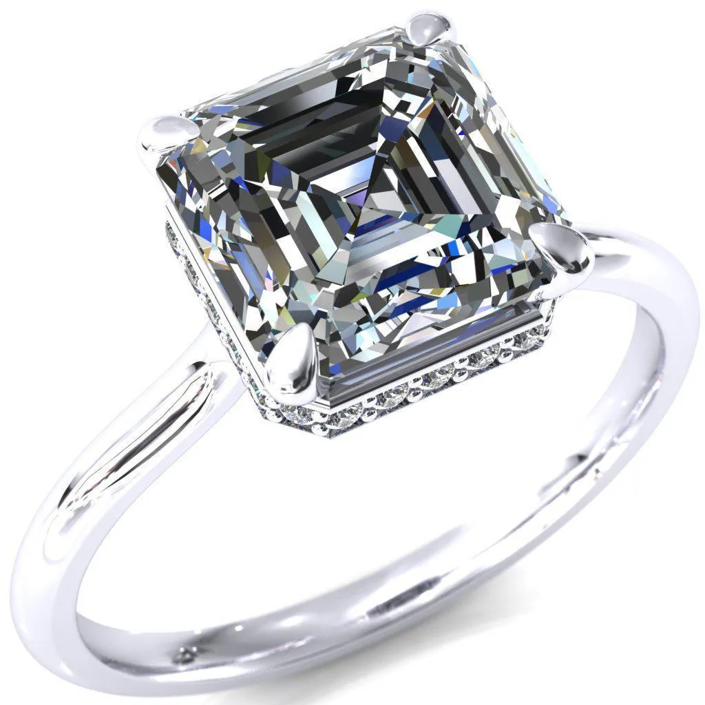 Secret Asscher Moissanite 4 Prong Floating Halo Engagement Ring