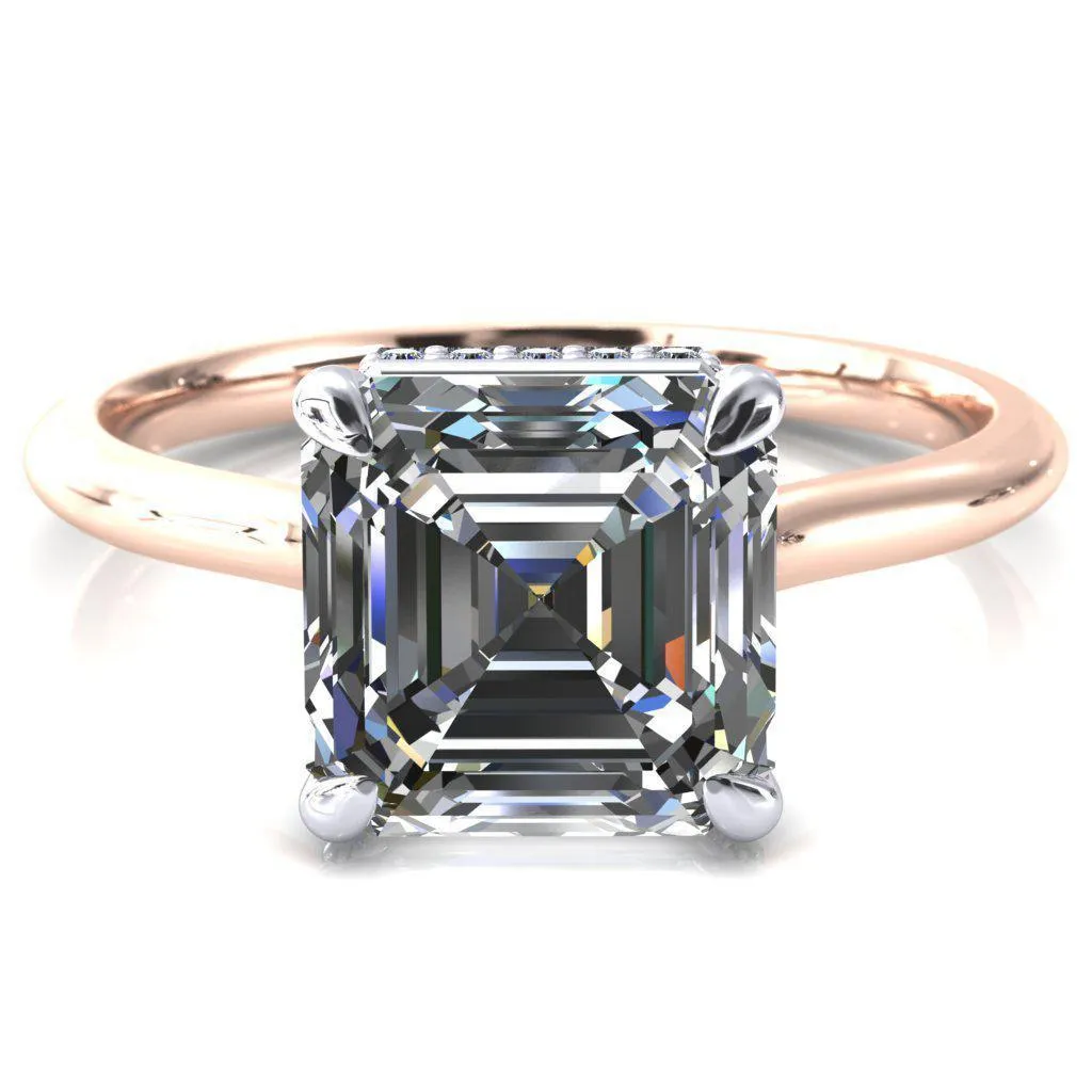 Secret Asscher Moissanite 4 Prong Floating Halo Engagement Ring