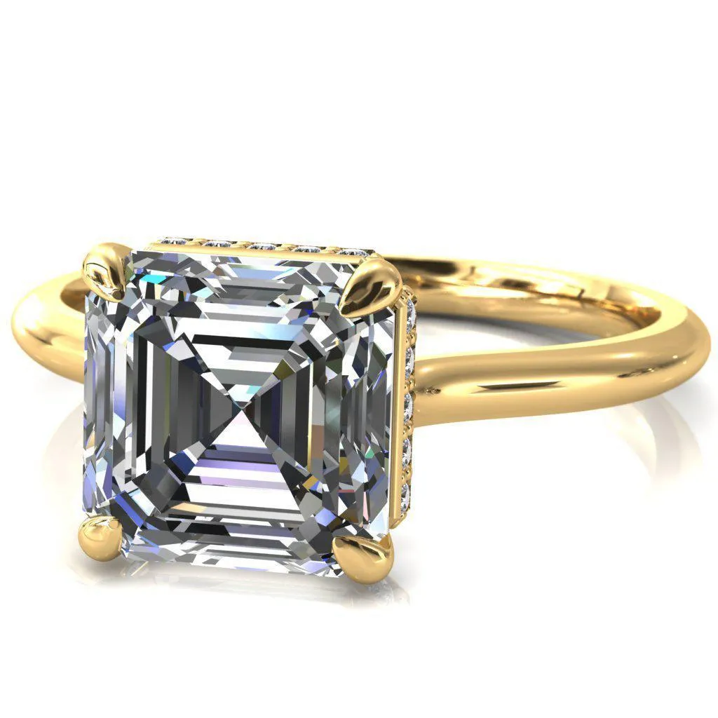 Secret Asscher Moissanite 4 Prong Floating Halo Engagement Ring