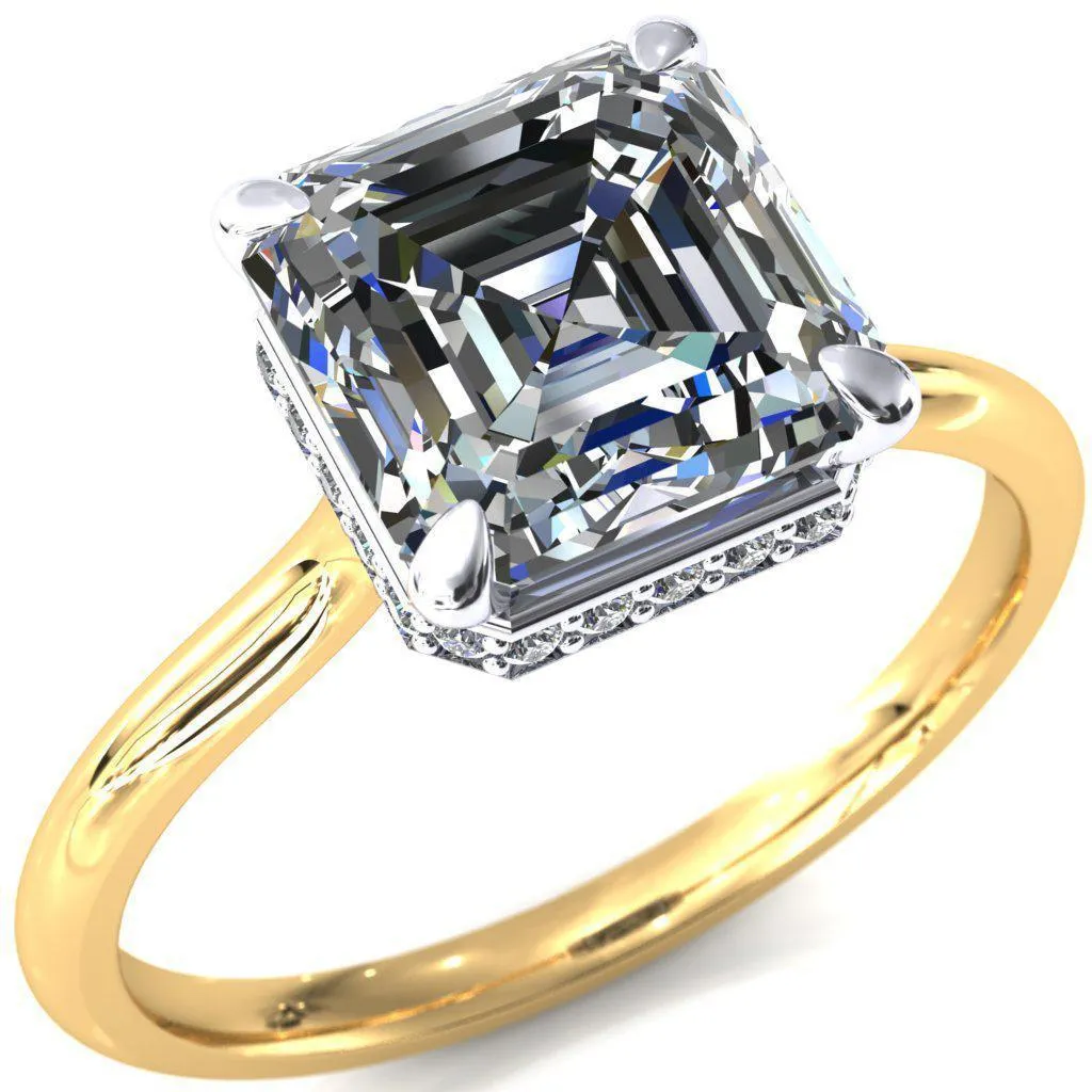 Secret Asscher Moissanite 4 Prong Floating Halo Engagement Ring