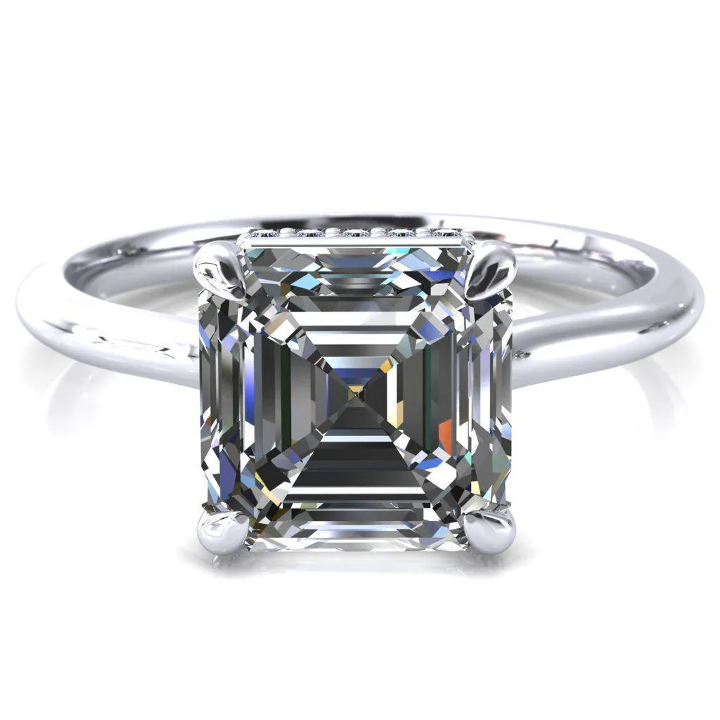 Secret Asscher Moissanite 4 Prong Floating Halo Engagement Ring