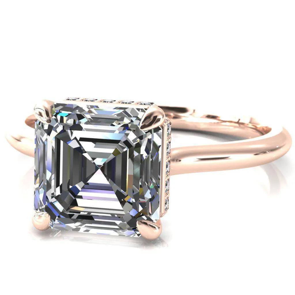 Secret Asscher Moissanite 4 Prong Floating Halo Engagement Ring