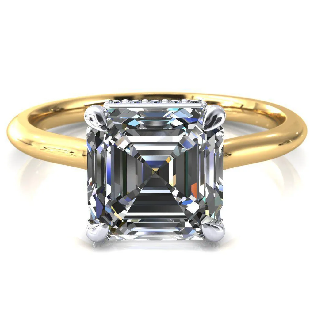 Secret Asscher Moissanite 4 Prong Floating Halo Engagement Ring