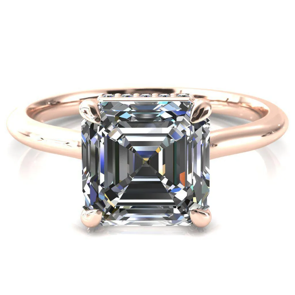Secret Asscher Moissanite 4 Prong Floating Halo Engagement Ring