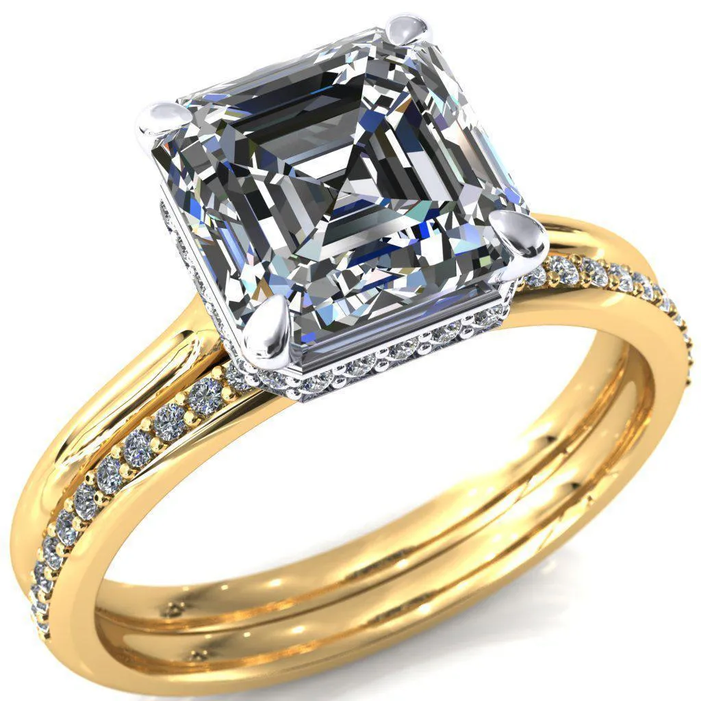Secret Asscher Moissanite 4 Prong Floating Halo Engagement Ring
