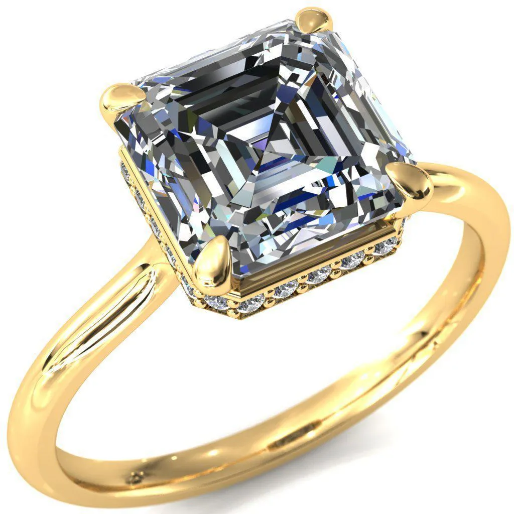 Secret Asscher Moissanite 4 Prong Floating Halo Engagement Ring