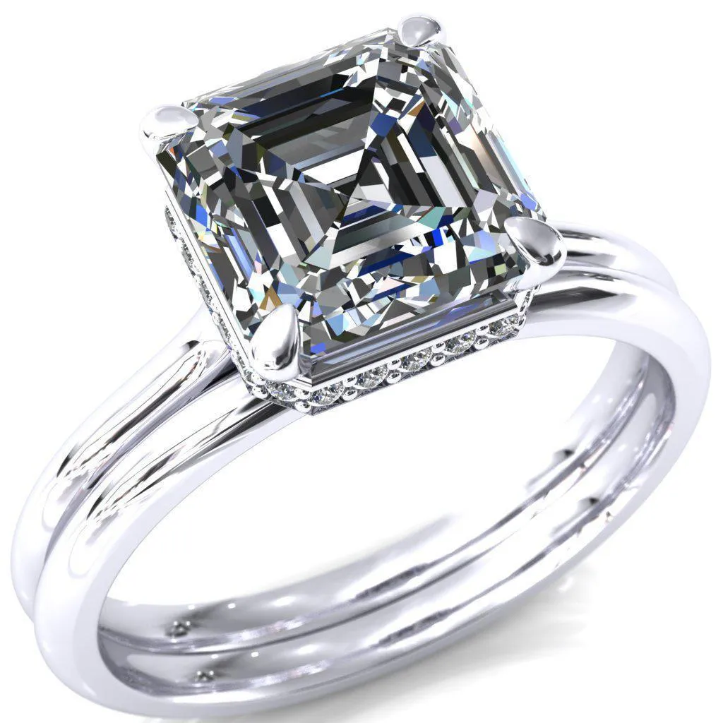 Secret Asscher Moissanite 4 Prong Floating Halo Engagement Ring