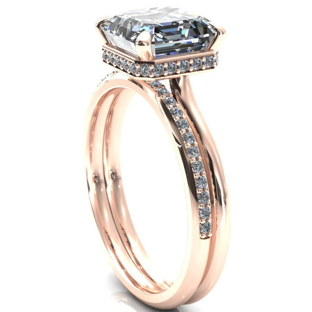 Secret Asscher Moissanite 4 Prong Floating Halo Engagement Ring
