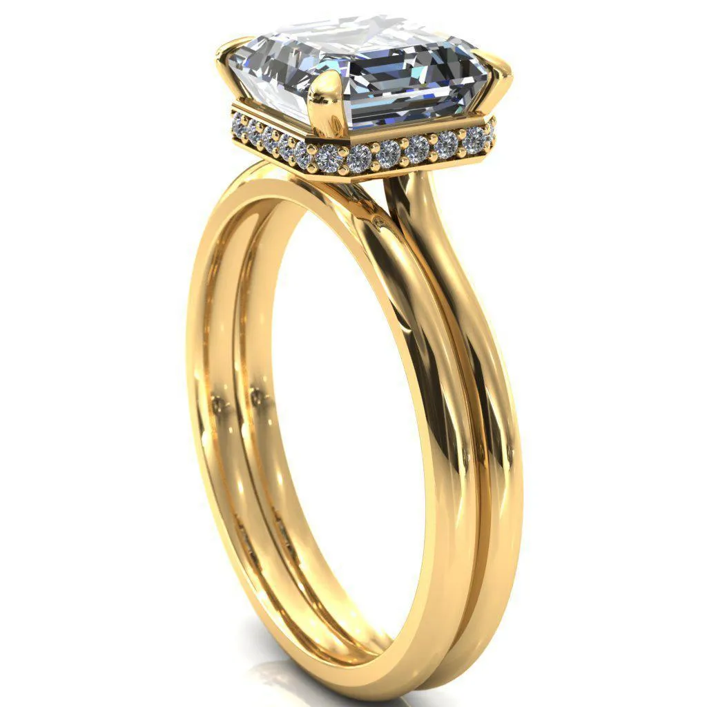 Secret Asscher Moissanite 4 Prong Floating Halo Engagement Ring