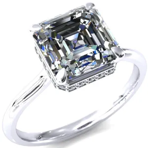 Secret Asscher Moissanite 4 Prong Floating Halo Engagement Ring