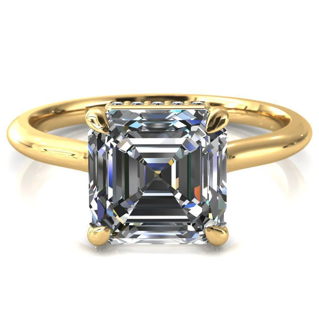 Secret Asscher Moissanite 4 Prong Floating Halo Engagement Ring