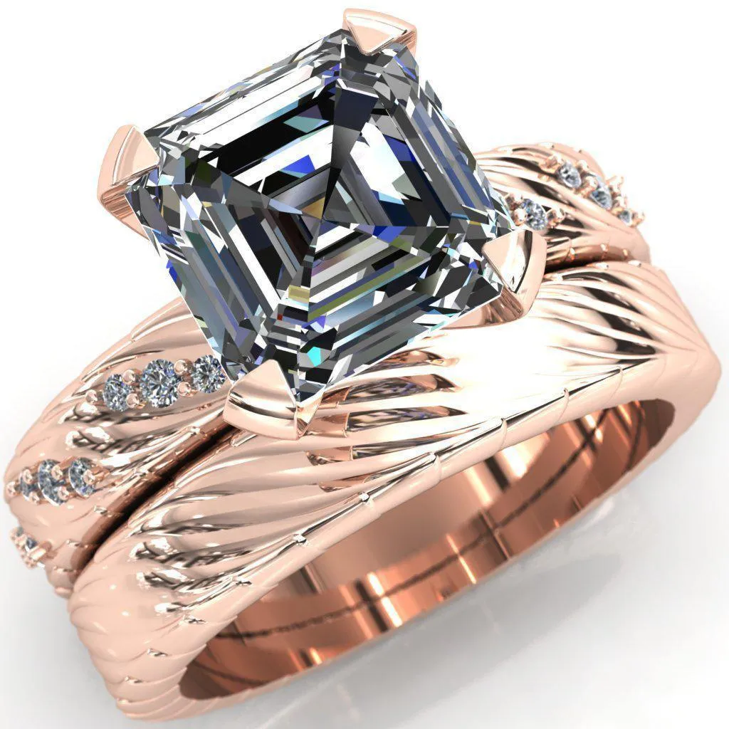 Seine Asscher Moissanite Diamond Accent Band 4 Prong Ring