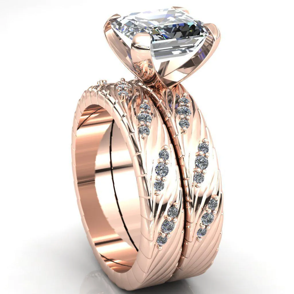 Seine Asscher Moissanite Diamond Accent Band 4 Prong Ring