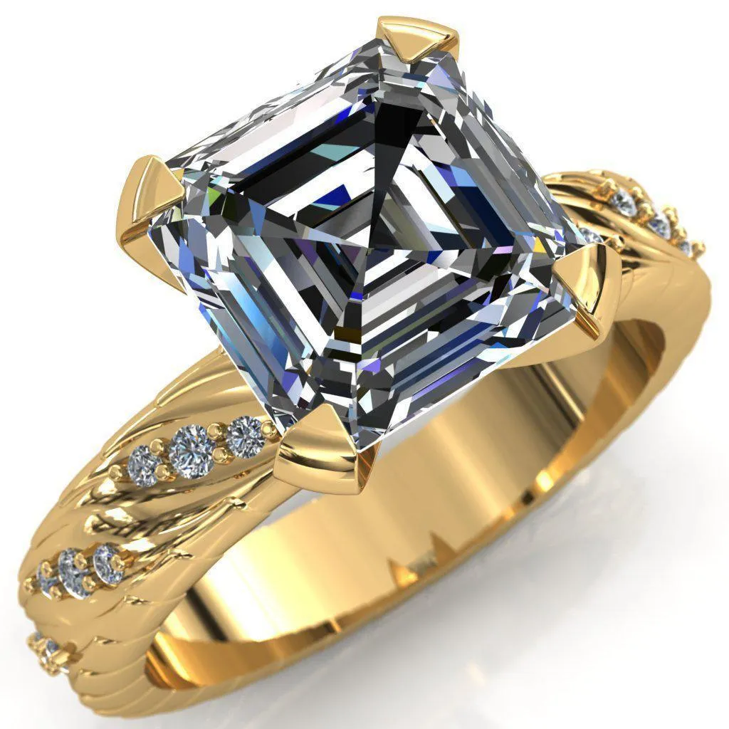 Seine Asscher Moissanite Diamond Accent Band 4 Prong Ring