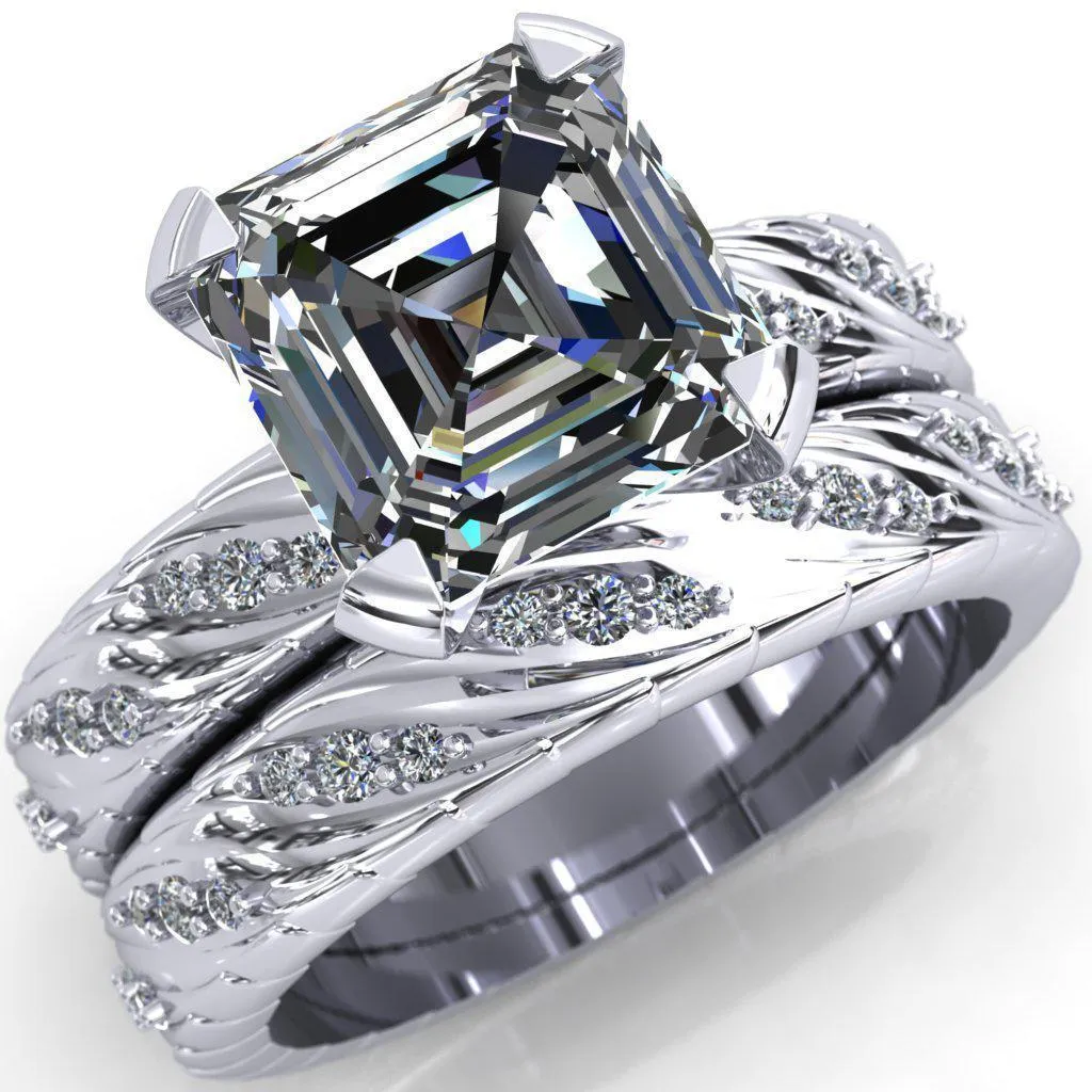 Seine Asscher Moissanite Diamond Accent Band 4 Prong Ring