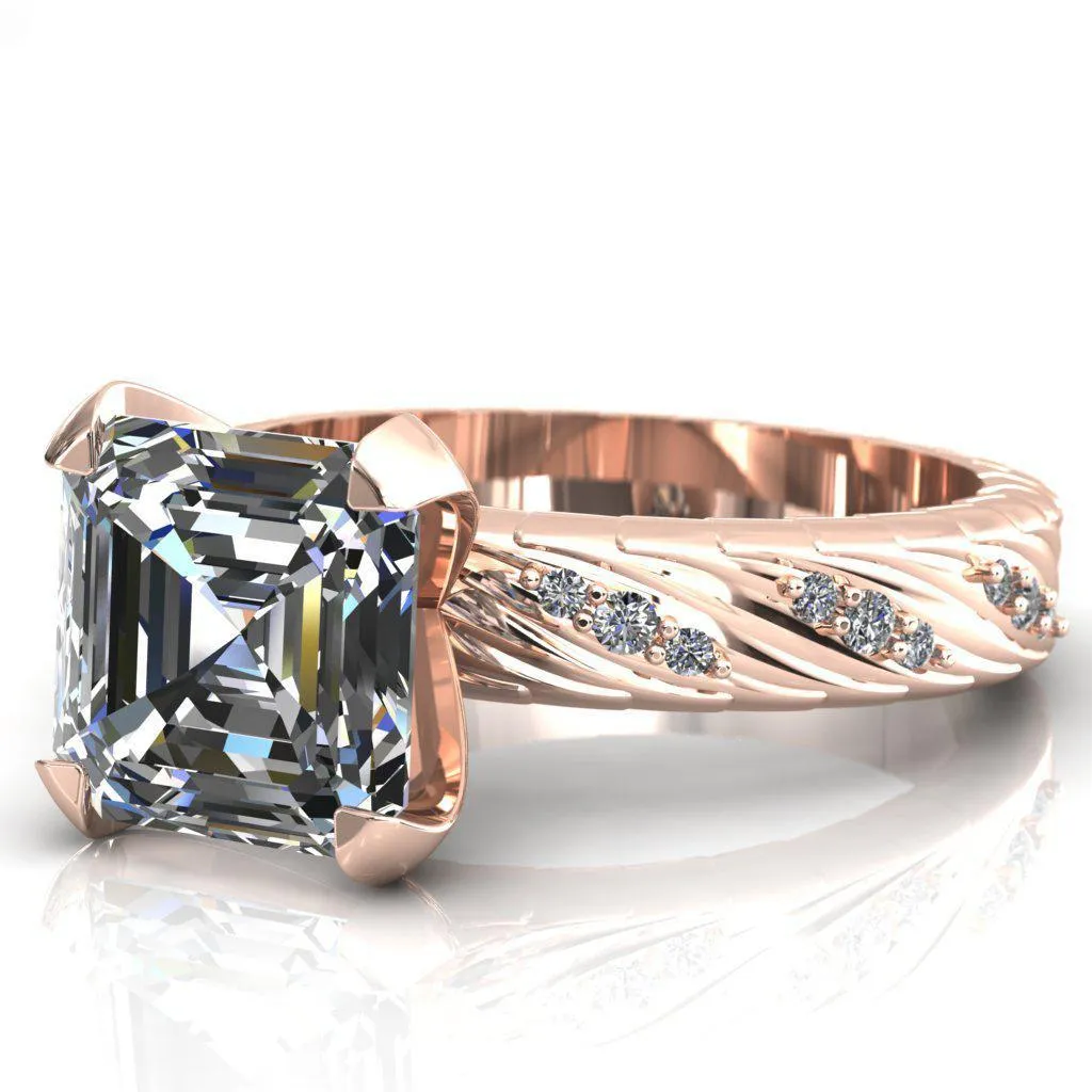 Seine Asscher Moissanite Diamond Accent Band 4 Prong Ring