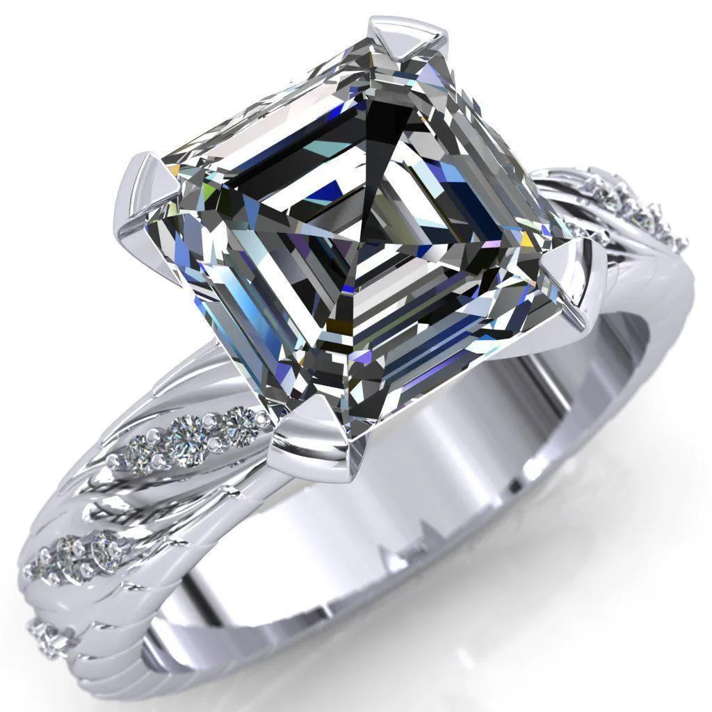 Seine Asscher Moissanite Diamond Accent Band 4 Prong Ring