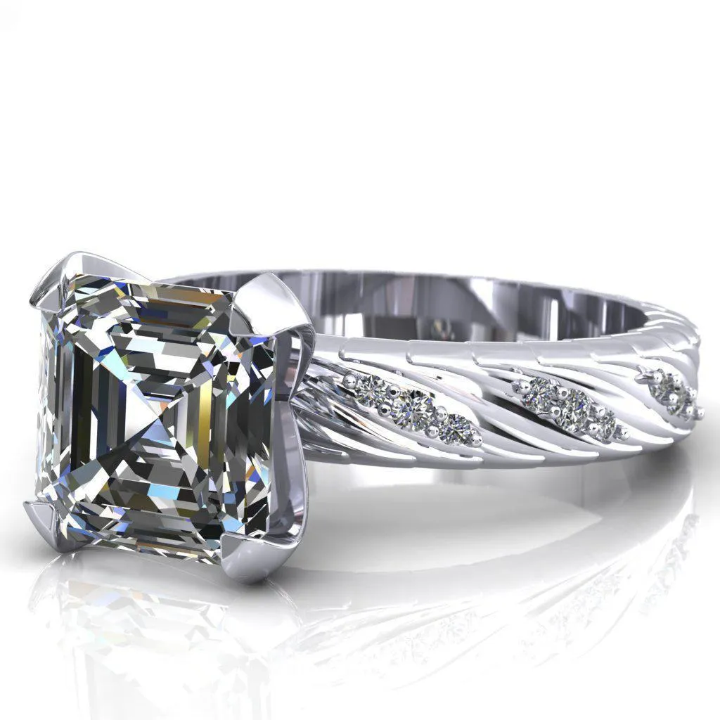 Seine Asscher Moissanite Diamond Accent Band 4 Prong Ring