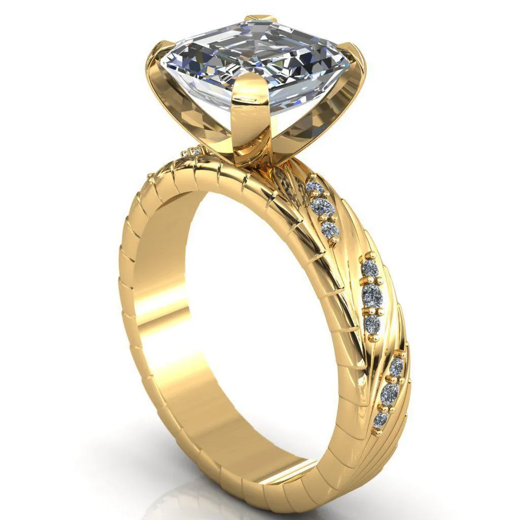 Seine Asscher Moissanite Diamond Accent Band 4 Prong Ring