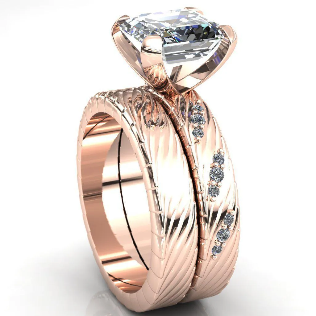 Seine Asscher Moissanite Diamond Accent Band 4 Prong Ring