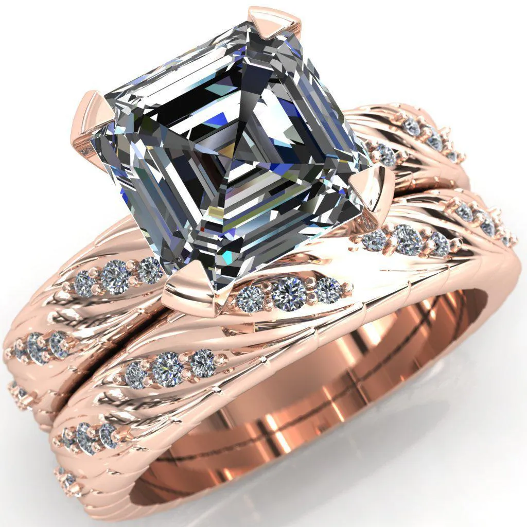 Seine Asscher Moissanite Diamond Accent Band 4 Prong Ring