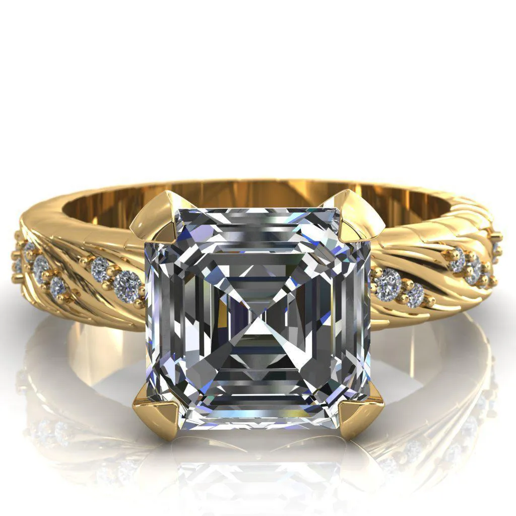 Seine Asscher Moissanite Diamond Accent Band 4 Prong Ring