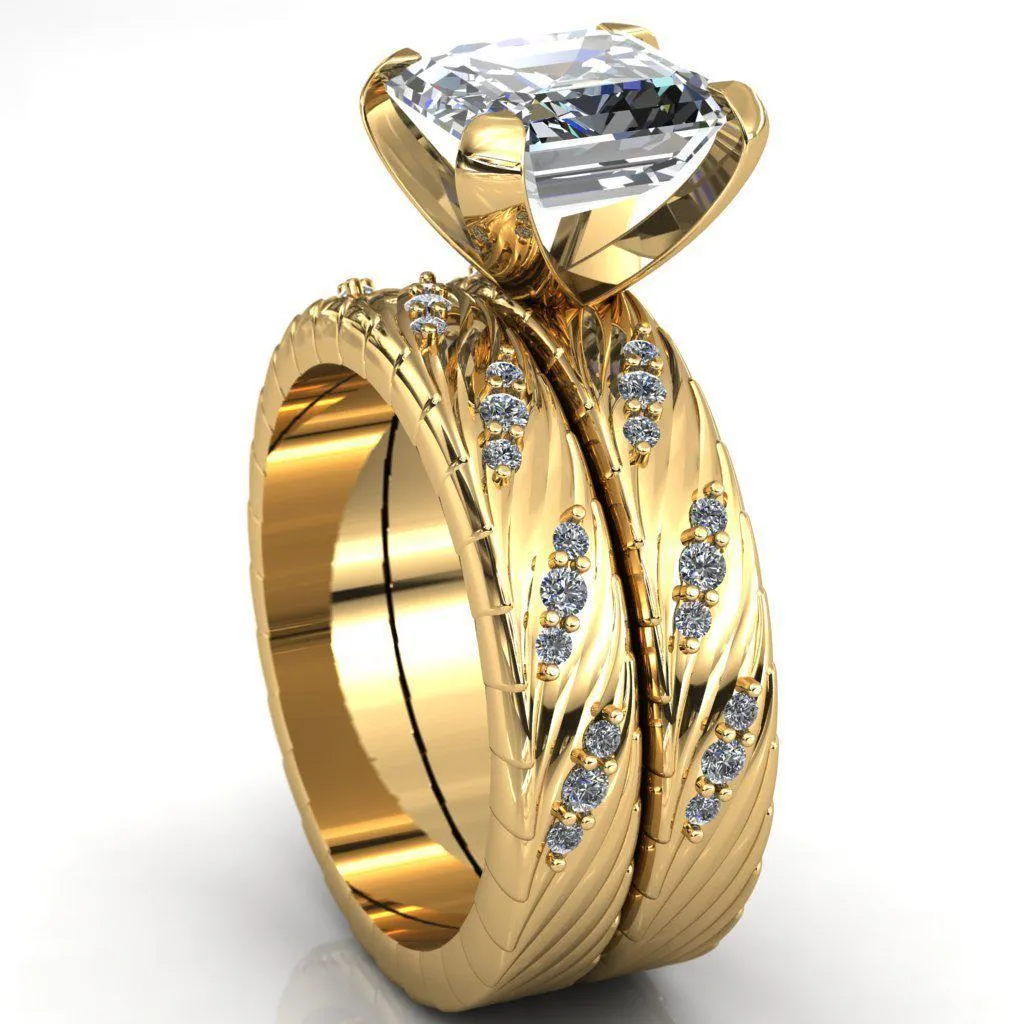 Seine Asscher Moissanite Diamond Accent Band 4 Prong Ring