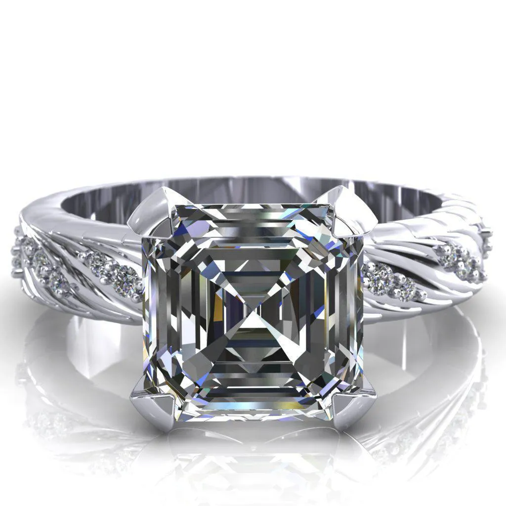 Seine Asscher Moissanite Diamond Accent Band 4 Prong Ring