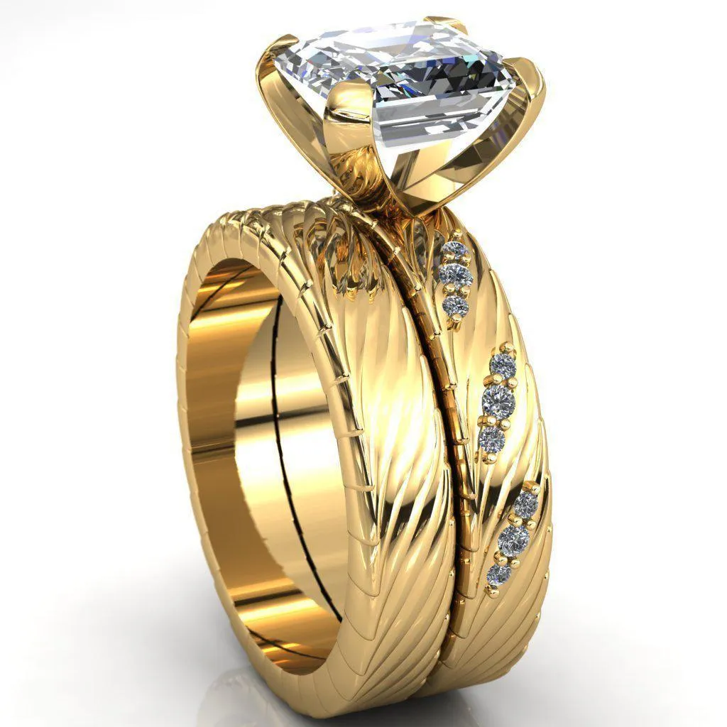 Seine Asscher Moissanite Diamond Accent Band 4 Prong Ring