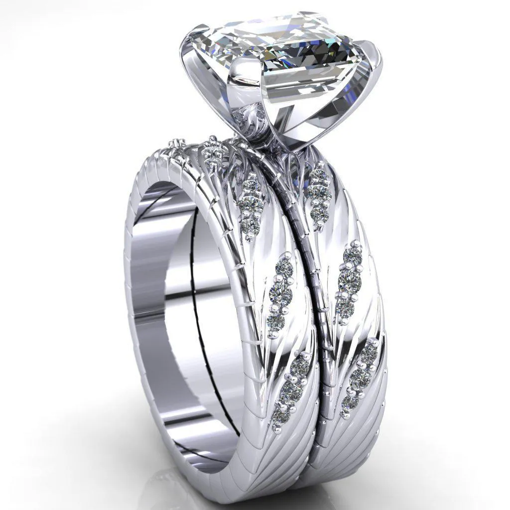 Seine Asscher Moissanite Diamond Accent Band 4 Prong Ring