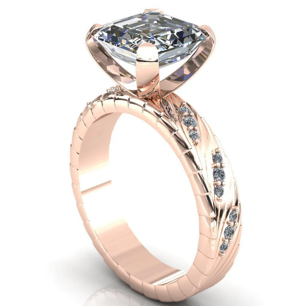 Seine Asscher Moissanite Diamond Accent Band 4 Prong Ring