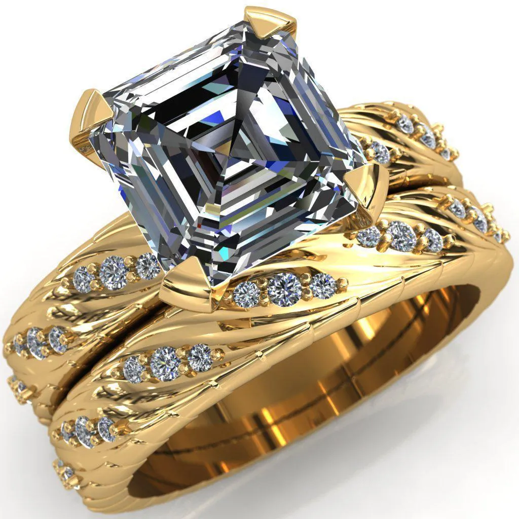 Seine Asscher Moissanite Diamond Accent Band 4 Prong Ring