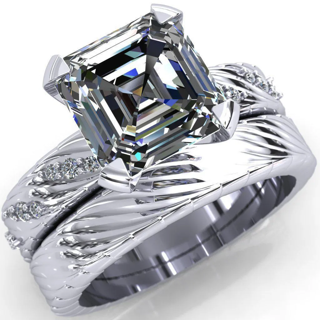Seine Asscher Moissanite Diamond Accent Band 4 Prong Ring