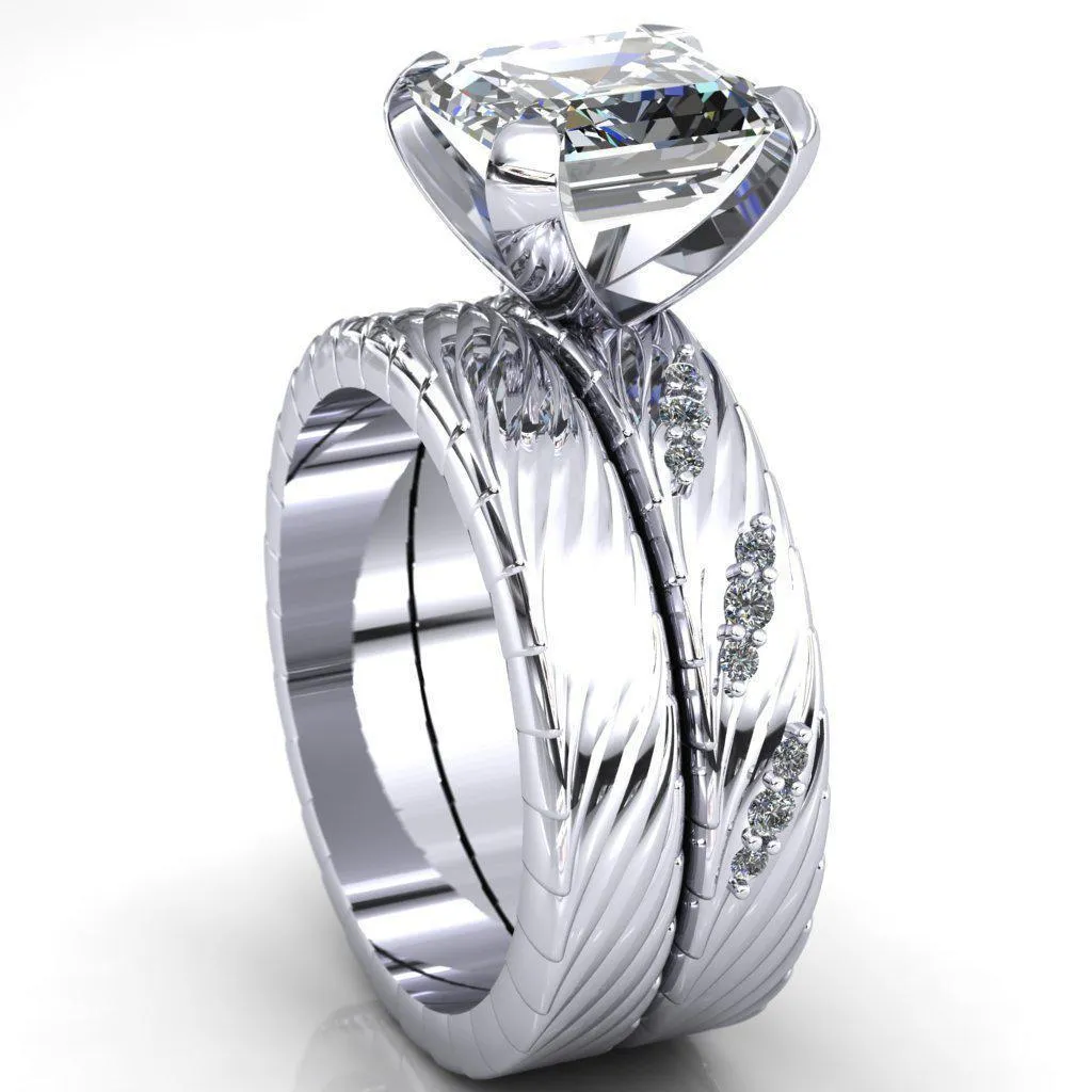 Seine Asscher Moissanite Diamond Accent Band 4 Prong Ring