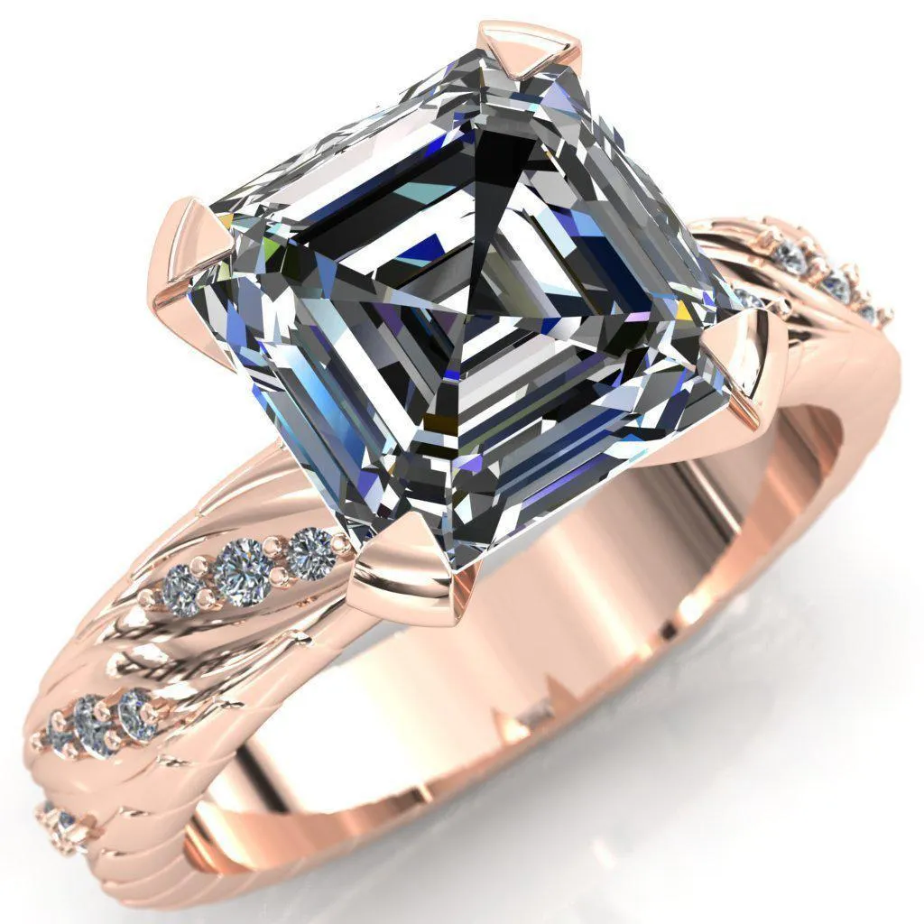 Seine Asscher Moissanite Diamond Accent Band 4 Prong Ring