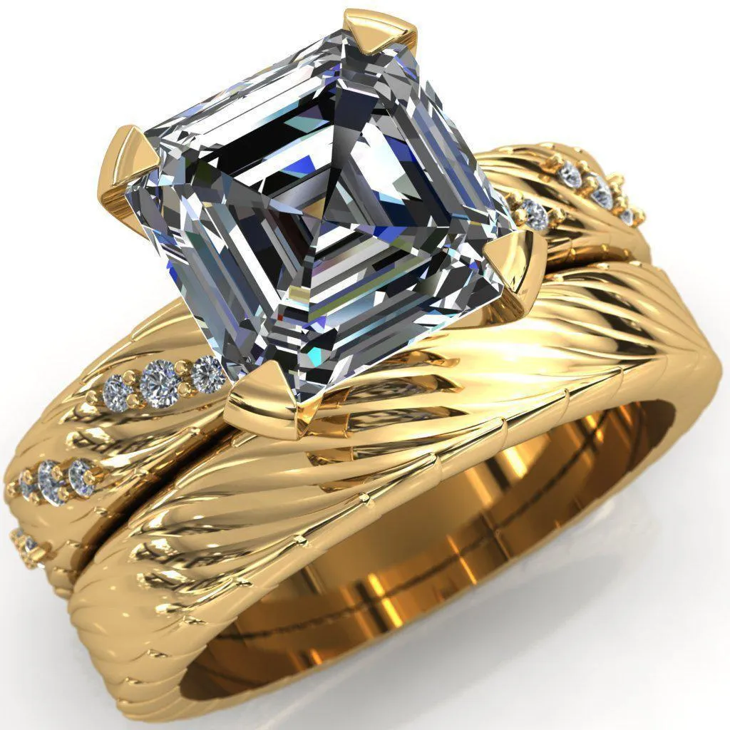 Seine Asscher Moissanite Diamond Accent Band 4 Prong Ring