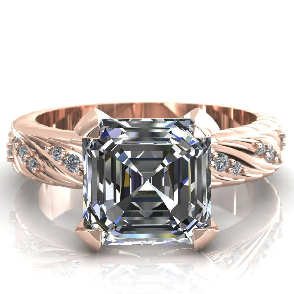 Seine Asscher Moissanite Diamond Accent Band 4 Prong Ring