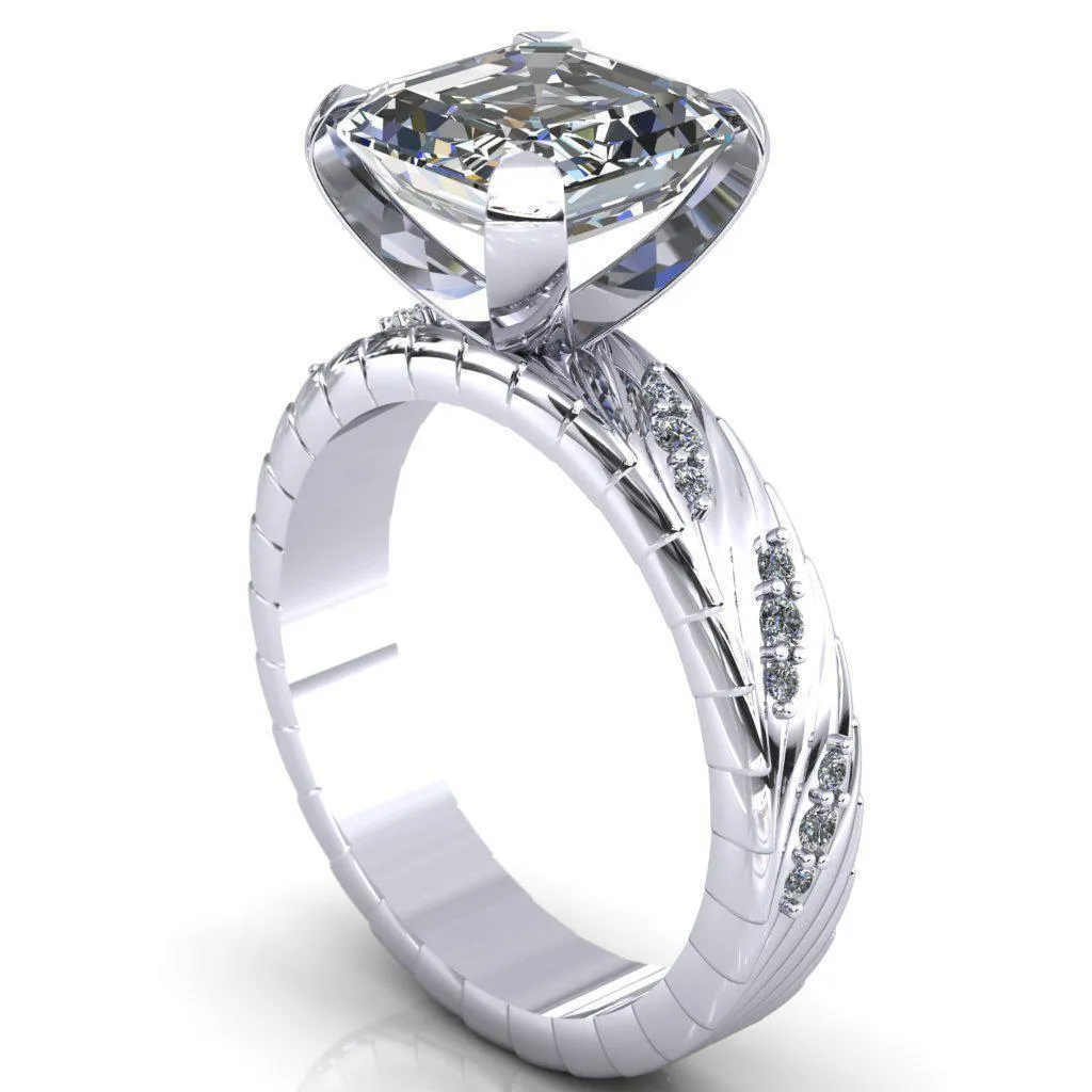 Seine Asscher Moissanite Diamond Accent Band 4 Prong Ring