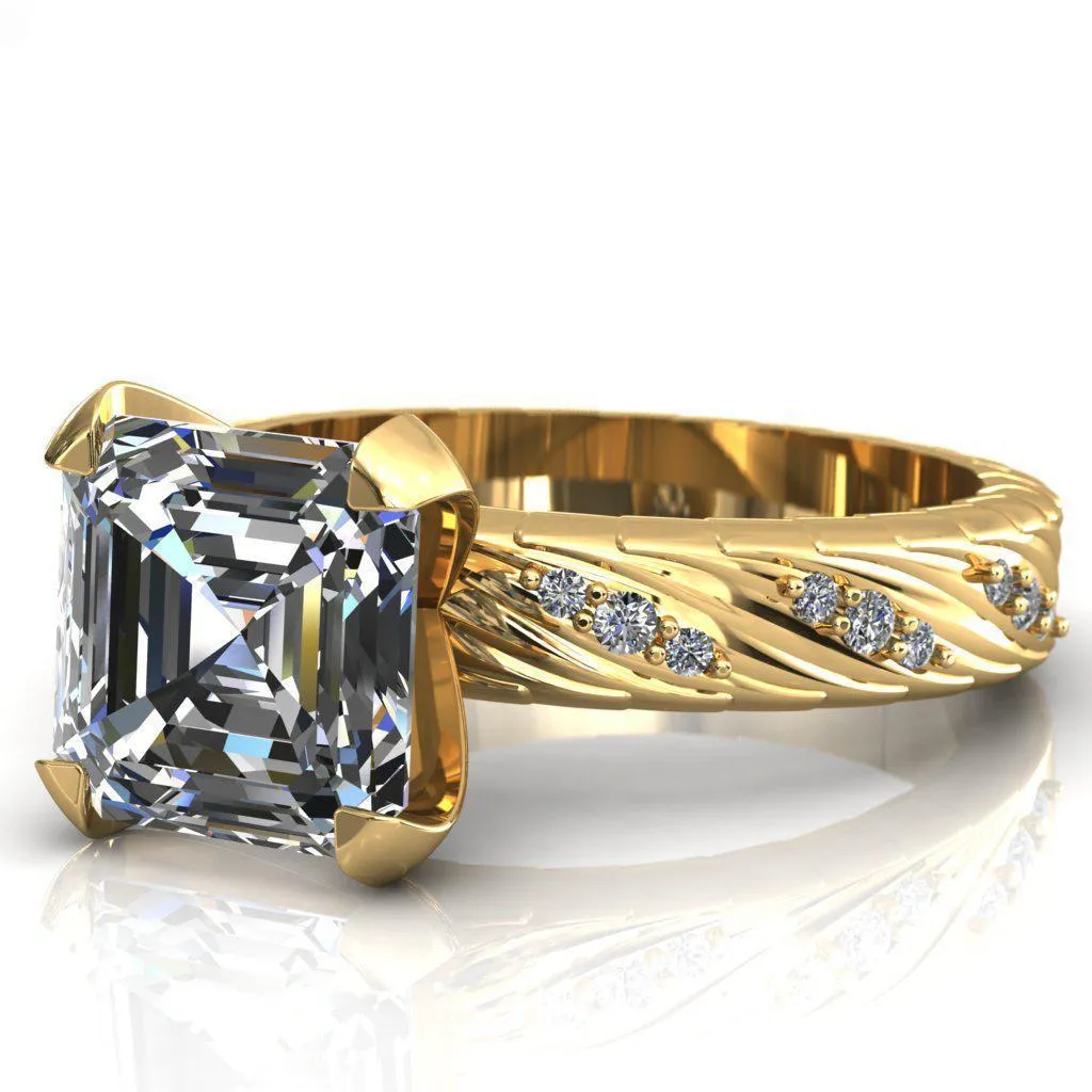 Seine Asscher Moissanite Diamond Accent Band 4 Prong Ring