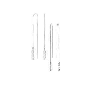 Set of 2 Minimalist Long Chain Wire Hook Dangle Earrings 3 Pearls 4 Bead Balls