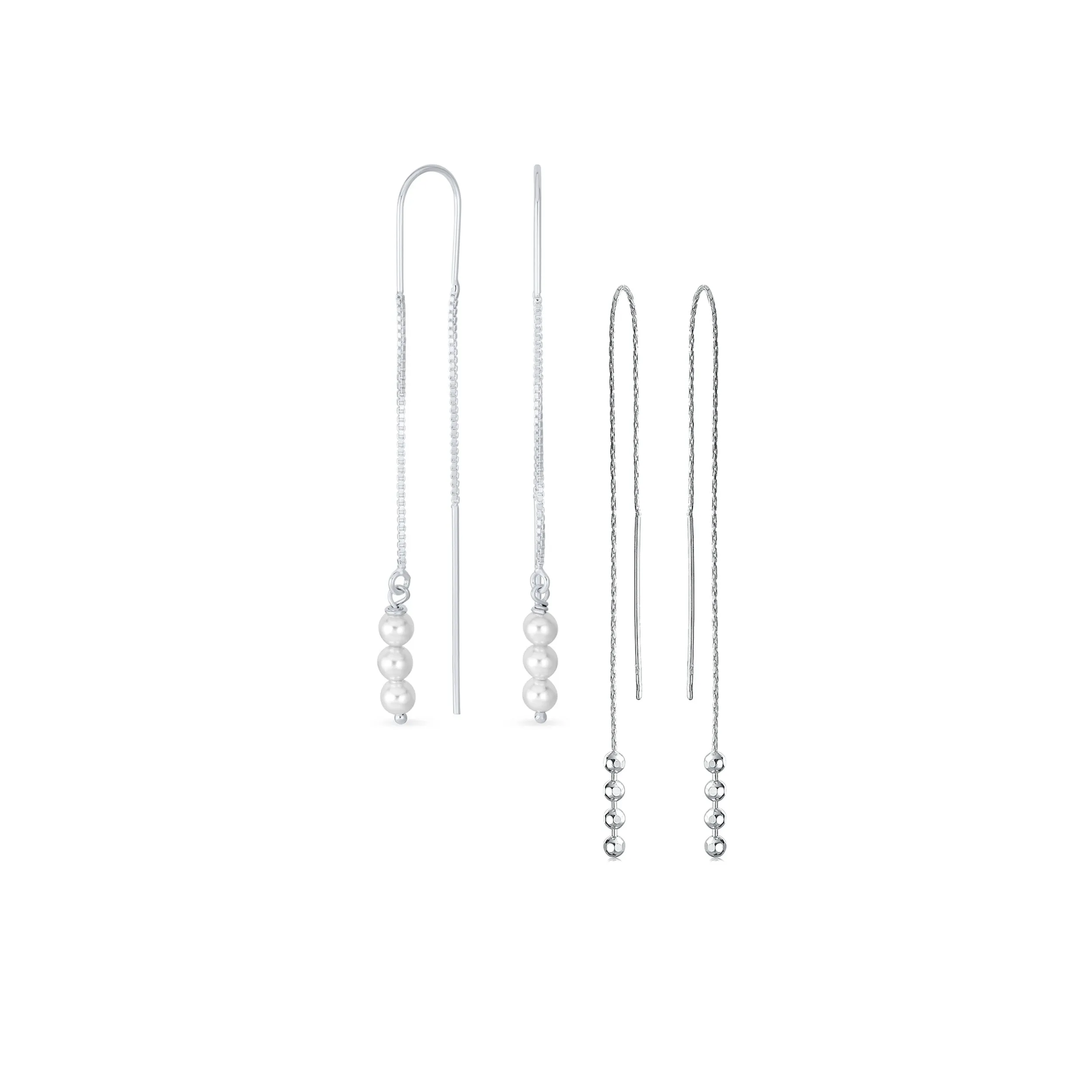 Set of 2 Minimalist Long Chain Wire Hook Dangle Earrings 3 Pearls 4 Bead Balls